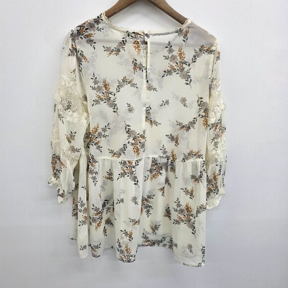 Umgee Womens Sheer Floral Peasant Blouse Top Lace Trim Size L Cream Boho Style - Picture 4 of 15